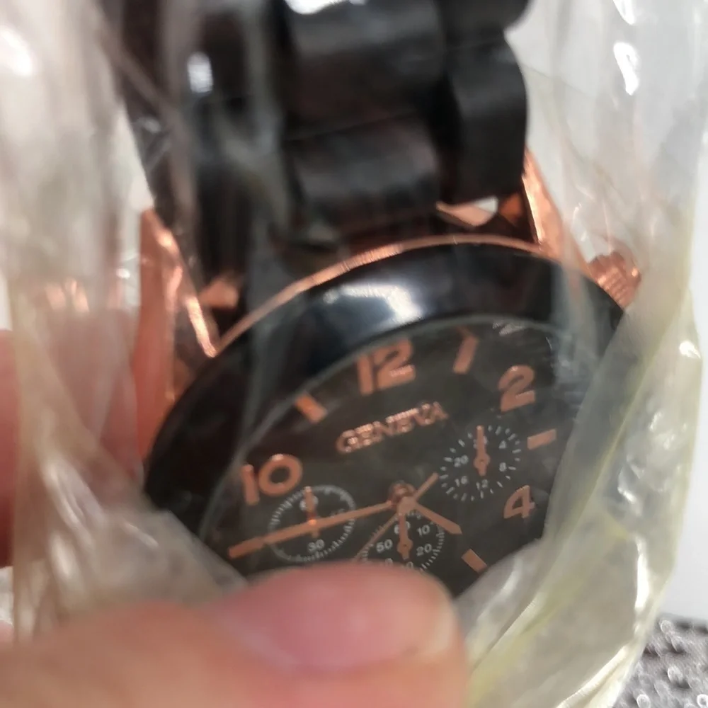 Women’s Wrist Watch Black Band Silver Clasp and Rosy Gold Tone Around Face